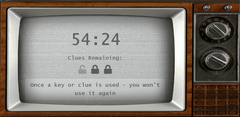 Screenshot of the escape room timer interface showing a clue shown to players